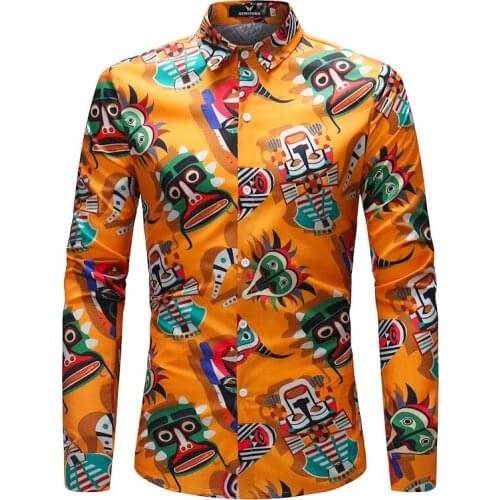2019 New Casual Shirt Mens Brand Slim Mens Camisa Geometric Pattern Print Long-Sleeved Social Shirt Mens Brand Clothing M-4XL