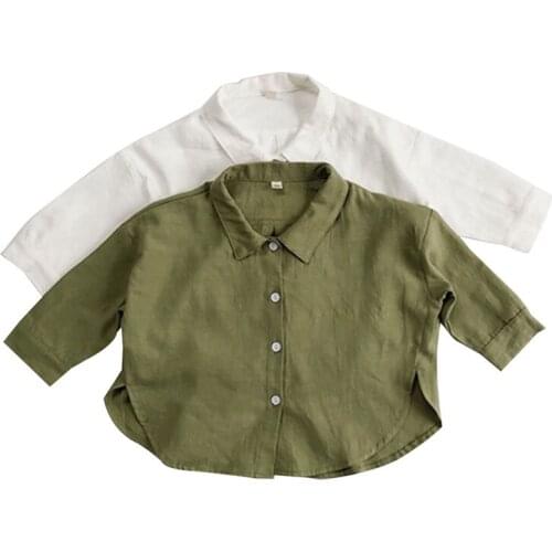 New Style Childrens Shirt Jacket Literary Forest Cotton And Linen Striped Cardigan Loose Solid Color Shirt For Boys And Girls