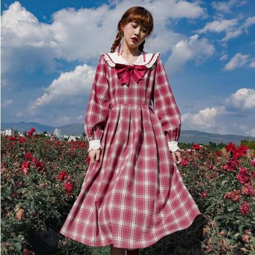 NONSAR Navy Collar Dress White Peach Tree Plum JK Japanese College Style Autumn Female Plaid Plum Comfortable Lolita