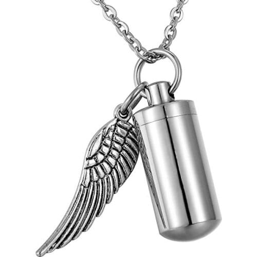 Different 3 Sizes Stainless Steel Cylinder Memorial Urn Locket Jewelry Pendant With Wing Charm Keepsake Cremation Ashes Necklace
