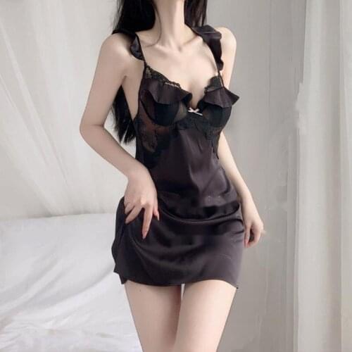 Sexy Lotus Leaf Edge Black And White Lovely Underwear Sexy Lace Backless Temptation Bow Sling Nightdress Female Summer New TAE9