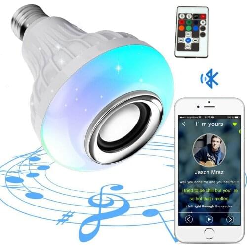 LED Light Bulb with Integrated Bluetooth Speaker 12W E27 RGB Changing Lamp Wireless Stereo Audio with 18 Keys 110V 220V Remote C