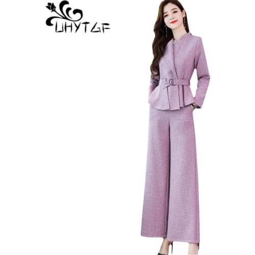 UHYTGF 2020 new autumn 2 piece set women Solid color elegant Short coat Fashion high waist wide leg pants casual female suit 766