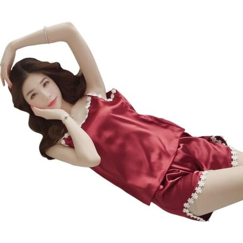 Pajamas Female Summer Vest Lace Suspender Ice Silk Pajamas Female Summer Korean Sexy Shorts Set Pajamas for Women Sleepwear