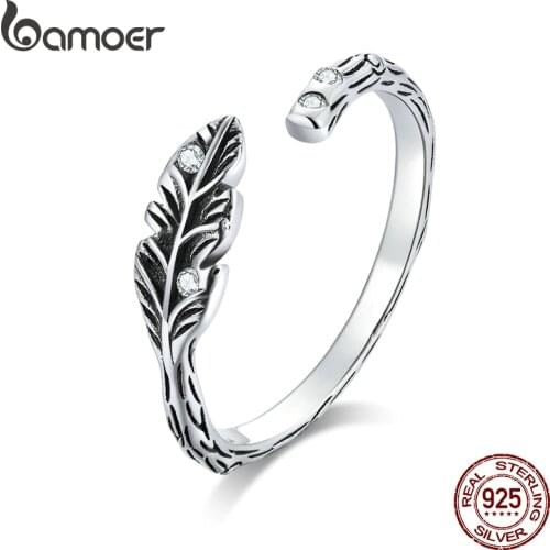 Bamoer Authentic 925 Sterling Silver Feather Open Finger Rings for Women Free Size Band Bijoux Fashion Bague 2020 SCR639