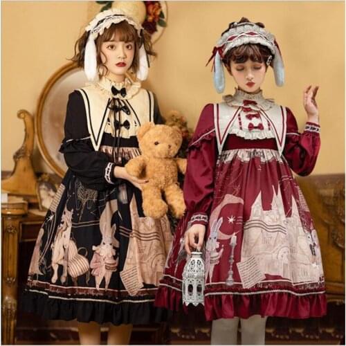 Gothic Lolita Dress Bow Lace Red Brown Black Dress Women Princess Dress Halloween Costume D815