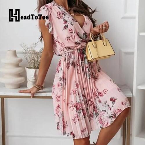 Floral Print Short Sleeve V Neck Ruffles Summer Dress Women
