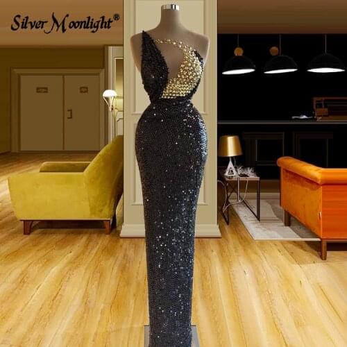 Black Full Sequined Mermaid Evening Dress Slim One Shoulder For Women African Skin Girls Beading Formal Prom Gown Longue Robes