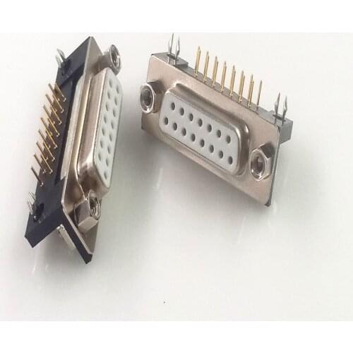 2 Pcs D-Sub Connector 15 Position 2 Row Receptacle Female Right Angle Through Holes PCB DIP Mount Machined Pin Gold Plated