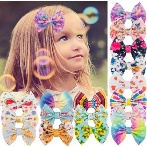 20Pcs/20Pairs 4.5 Inch Printing Waffle Fabric Hair Bow With Clips Kids Girls Boutique Barrettes Chic Headwear