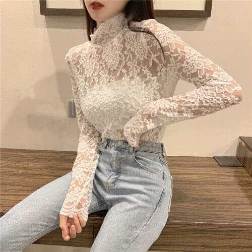 2019 Lace shirt women fashion lace collar blouse female long sleeved tops solid bottoming G384