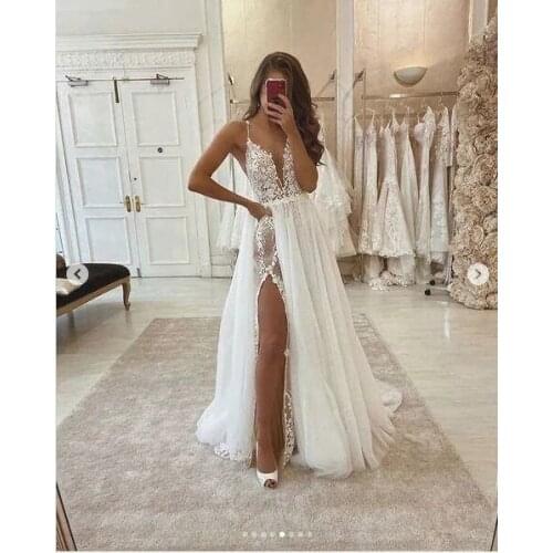 Angelsbridep V-Neck Wedding Dress Court Train Vestidos De Novia Sexy Side Split Appliques Formal Bride Dresses Robe De Mariée