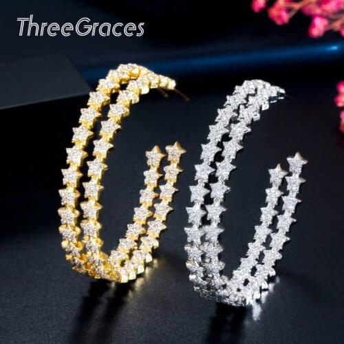 ThreeGraces Brilliant Clear White CZ Star Shape Yellow Gold Big Round Hoop Earrings Luxury Ladies Costume Party Jewelry ER471
