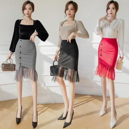 Big Size 5XL Elegant Korean Patchwork Mesh Black Skirt Women Spring Slim High Waist Skirt Plus Size 4XL OL Office Lady Skirts