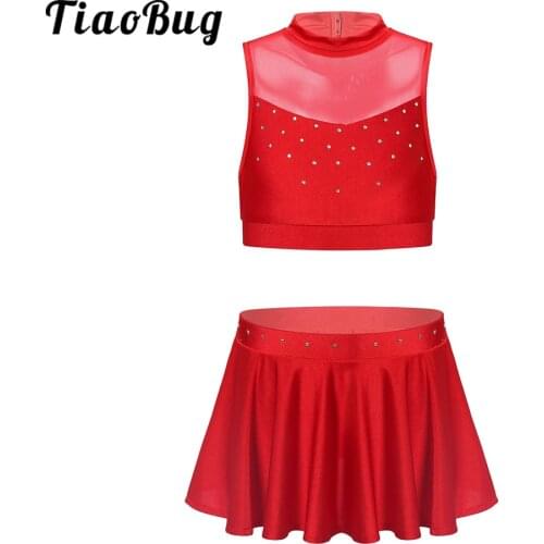 Children Kids Girls Shiny Beads Tank Crop Top with Skirts Set for Ballet Latin Gymnastics Leotard Dancing Cheerleader Outfit