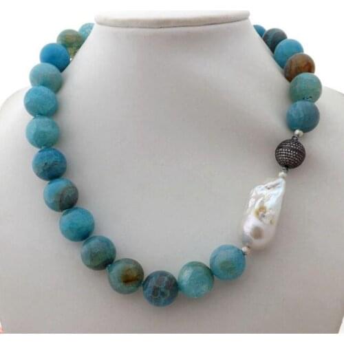 Beautiful 19" 12mm Blue bead White Keshi Pearl Necklace