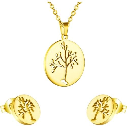 LUXUKISSKIDS Round Cut Spring Tree Necklace Pendant With Earring Fashion Jewelry Set Perfect Birthday Gift Gold Steel Color