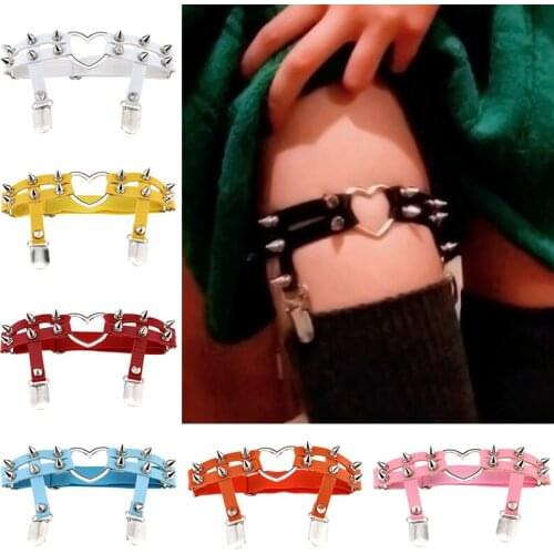 Punk Women PU Leather Garter Belt Harajuku Sexy Elasticity Harness River Heart Leg Garter Belts Cosplay Spike Elastic Thigh Ring