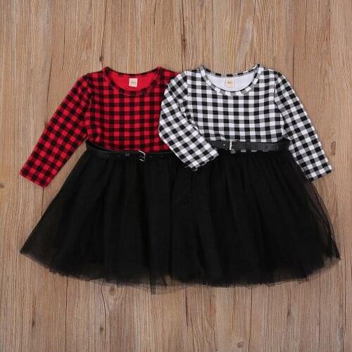 Emmababy 1-6 Years Toddler Baby Girls Christmas Dress Red Plaid Long Sleeve Single Button Top Lace Tutu A-lined Dress with Belts