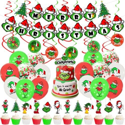 Merry Christmas How the Grinch Stole Balloons Green Banner Decoration Party Supllies New Year Navidad Party Christmas Decoration