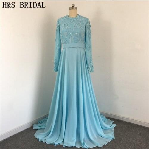Blue Elegant O Neck Chiffon Back With Buttons Draped Beaded Cover Front And Back Muslim Lace bridesmaid dresses long