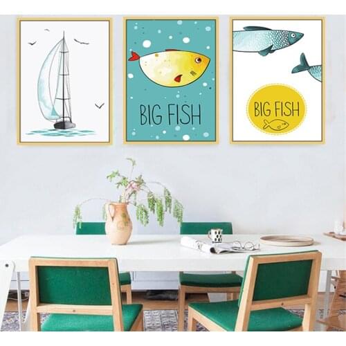 Fresh Ocean Big Fish Scandinavian Style Boat Canvas Painting Animal Poster Home Room Decor Mediterranean Sailboat Wall Picture