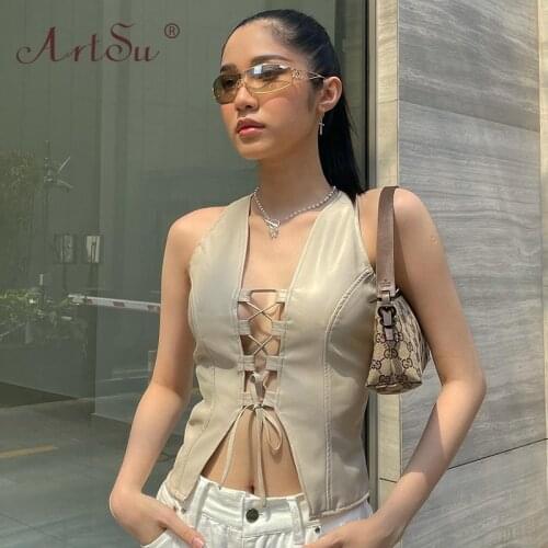 ArtSu Y2K Streetwear Lace Up PU Leather Vest Fashion V-Neck Hollow Out Sleeveless Crop Tops Summer Sexy Tank Top 2021