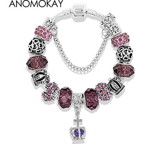European & American Trendy Purple Crown Charm Bracelet Silver Color Heart Crown Bead DIY Jewelry Bracelets Femme Pulsera Mujer