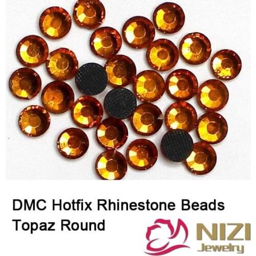 High Quality Glass Chatons Topaz Iron On Strass Round Flatback DMC Hotfix Rhinestones With Glue Backing For Wedding Dress Design