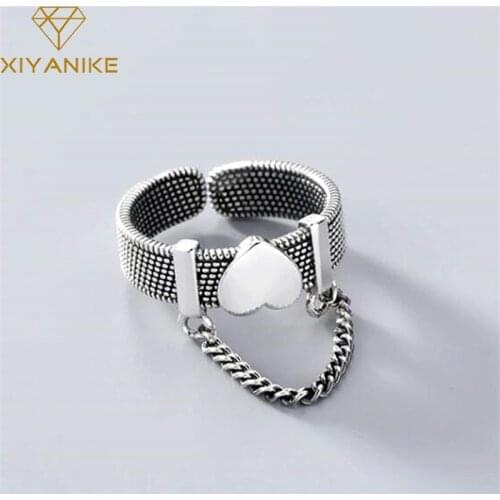 XIYANIKE 925 Sterling Silver Korean Tassel Chain Love Heart Belt Ring Female Fashion Trendy Romantic Open Jewelry Couple Wedding