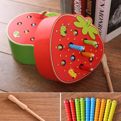 Funny Apple Shaped Catch Insects Game Toy And 1Wand+10 Worms Magnetic Wooden Toy Kid Toddlers Educational Intelligence Toys