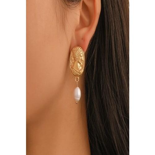 Womens Greek coin Pearl earrings ring pearl earrings model medal necklace earrings diamond stone Zircon stone stainless steel