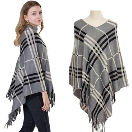 Fall/winter new V-neck tassel cape sweater patchwork stripe long sleeve womens sweater loose pullover fashion pullover coat