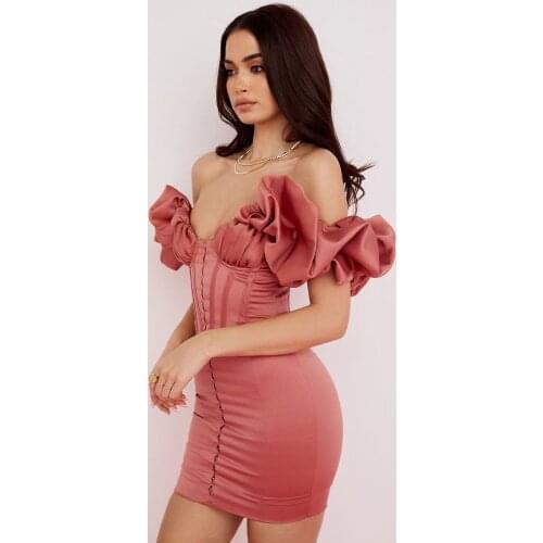 Women Summer Style Sexy V Neck Pink Ruffles Bodycon Lady Corset Bandage Dress 2021 Celebrity Designer Fashion Evening Party Club