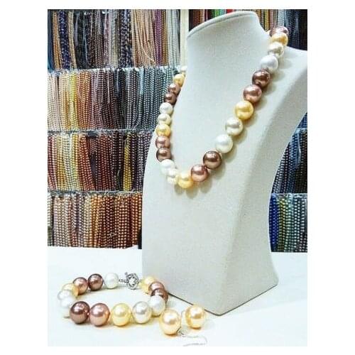 14MM multicolor South Sea shell pearl necklace bracelet earrings set LL002^^^@^Noble style Natural Fine jewe FREE SHIPPING