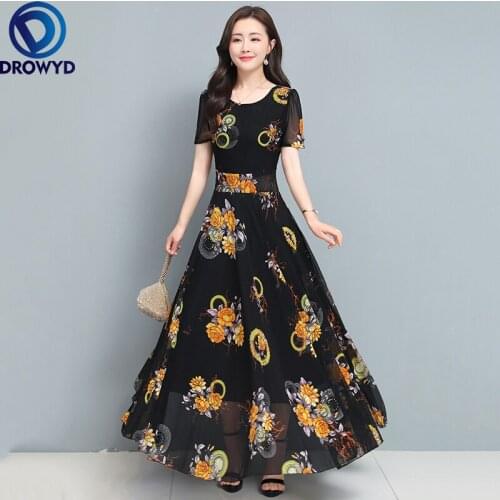 202 Summer Beach Black Print Maxi Dress for Women Short Sleeve O-neck Flower Printed Women Chiffon Long Dress Party Vestidos