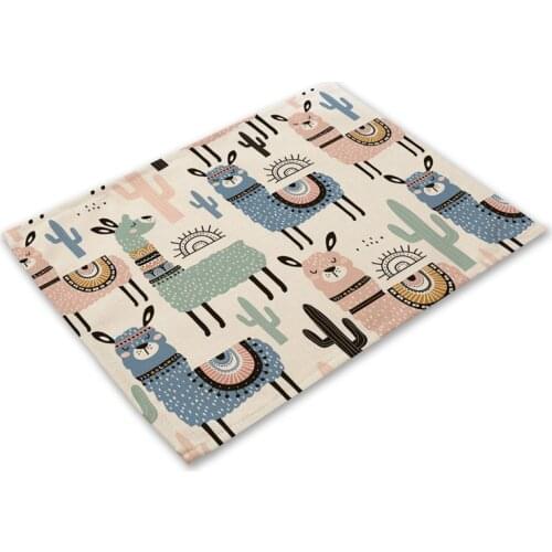 42*32cm Alpaca Pattern Kitchen Placemat Cartoon Animal Dining Table Mat Tea Coaster Cotton Linen Pad Bowl Cup Mats