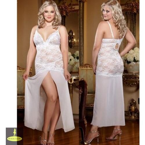 White Vintage Nightgown Long Lace Temptation Suit Sexy Large Size Perspective Suspender Slit Nightdress