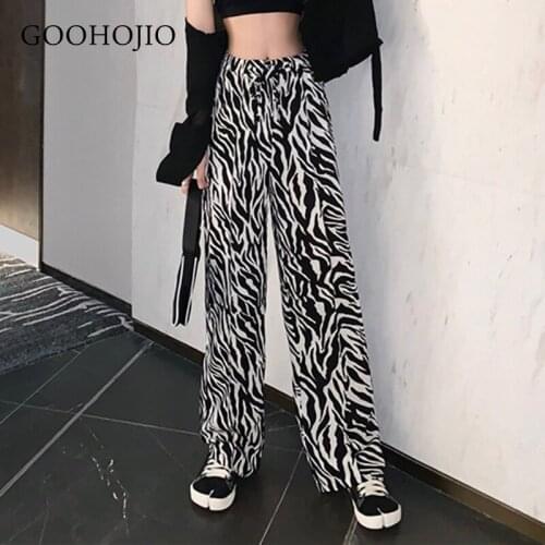 GOOHOJIO Leopard Wide Leg Pants Trousers Sexy High Waist Autumn Women 2021 Casual Plaid Female Trousers Streetwear Hole Pants