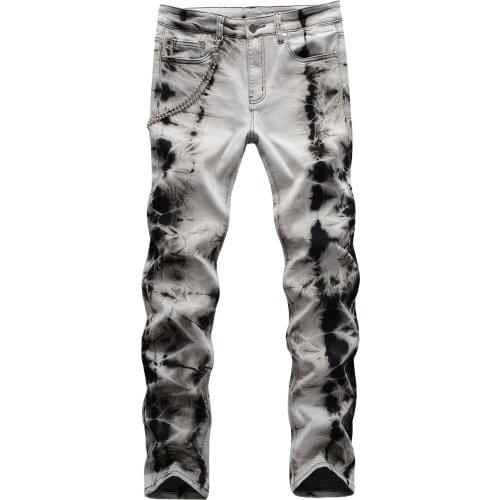 New Summer mens male trousers street fashion hip-hop craft fried snowflake retro hanging chain decoration stretch slim jeans