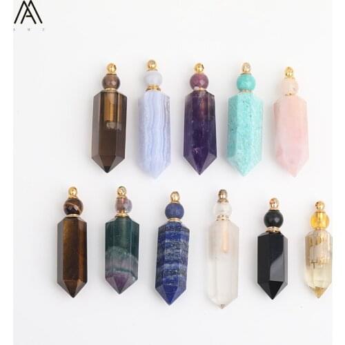 Faceted Hexagon Natural Gems Stone Perfume Bottle Pendant Necklace Women Crystal Stone Gold Stainless Steel Jewelry DSS-188AMCB