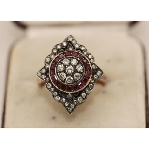 ANTIQUE STYLE MY DESIGN NAVETTE 8K GOLD NATURAL DIAMOND AND RUBY RING