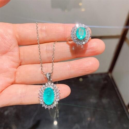 QTT Luxury 925 Sterling Silver Jewelry Sets Oval Paraiba Tourmaline Gemstone Pendant Necklace Ring Wedding Bridal Sets For Women
