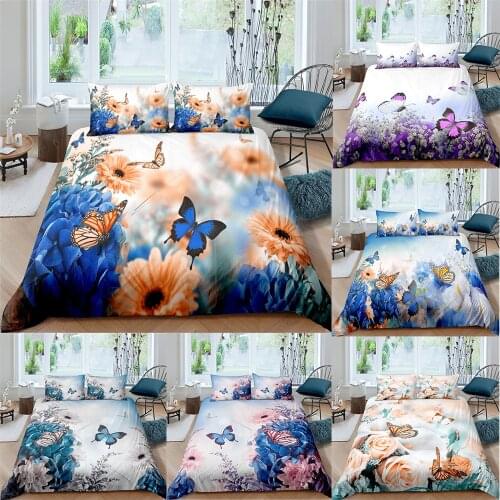 Printing Butterfly And Flowers Bedding Set Duvet Cover With Pillowcase 2/3pcs Quilt Cover Single Double King Queen Size Bed Sets