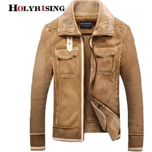 Holyrising Men Fur Lamb Jackets Vintage Pockets Coats Overcoat Zipper Male Woolen Coats Soft Leisure Motorcycle Jacket 18948-5