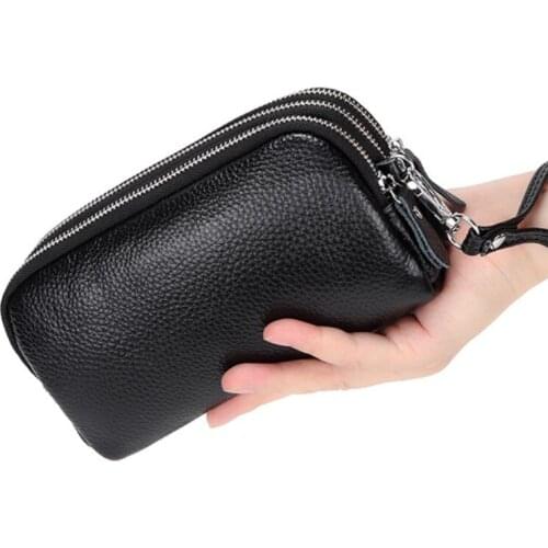 Fashion Real Cowhide Phone Bag Wrist Bag Soft Genuine Leather Ladies' Day Clutches Clutch Bags Organizer Purse Double Zippers