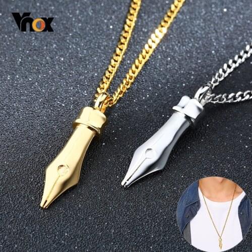 Vnox Design Stylish Pen Tip Pendant for Men Glossy Stainless Steel Calligraphy Lover Accessory Unique Male Neckalce 24" Chain
