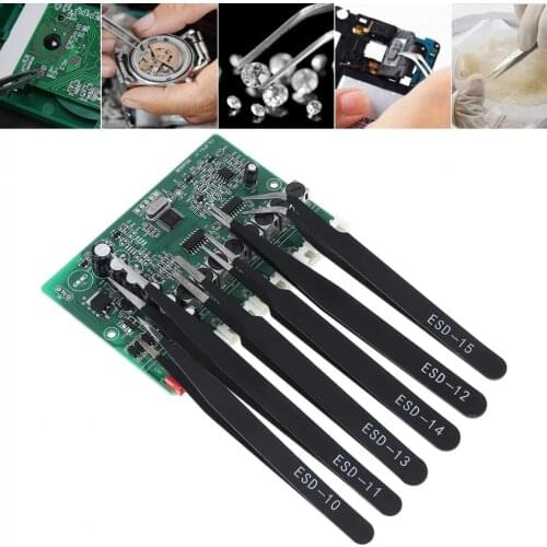 6pcs/set Stainless Steel Electronic Tweezers 1.5MM Anti-static Jewelry Crafts Electronic Tweezer Set Repair Tool Kit