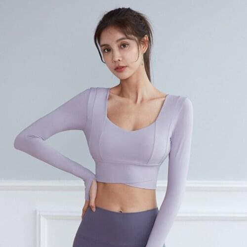 New Women Slim Gym Yoga Shirts Crop Top With Chest Padded Sports Running T-shirt Long Sleeve Fitness Training Workout Sportswear