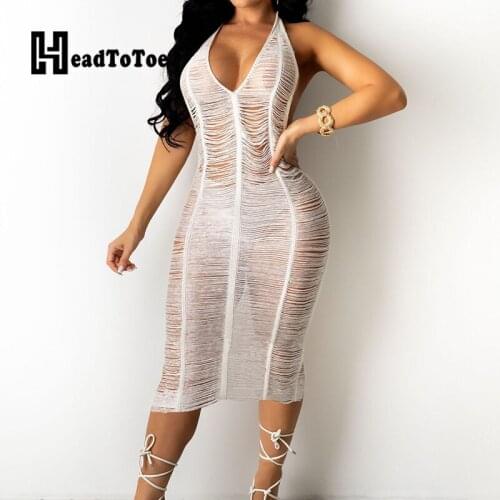 Solid Lace Sexy Fashion Dress Women Spaghetti Strap Deep V Neck Mid-calf Perspective Pencil High Waist Dresses for Women